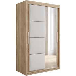 InspireMe - Kledingkast met 2 schuifdeuren, Modern-stijl, Kledingkast met planken, Kastfronten met spiegel en gestoffeerde panelen (BxHxD): 120x200x62 - TAPILA 120 - Sonoma Eik + Wit