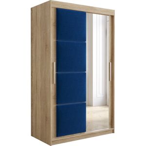 InspireMe - Kledingkast met 2 schuifdeuren, Modern-stijl, Kledingkast met planken, Kastfronten met spiegel en gestoffeerde panelen (BxHxD): 120x200x62 - TAPILA 120 - Sonoma Eik + Blauw