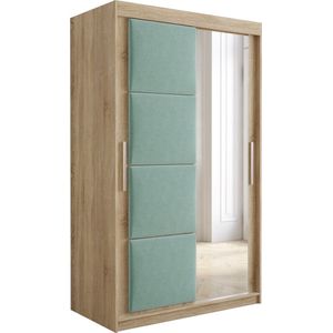 InspireMe - Kledingkast met 2 schuifdeuren, Modern-stijl, Kledingkast met planken, Kastfronten met spiegel en gestoffeerde panelen (BxHxD): 120x200x62 - TAPILA 120 - Sonoma Eik + Munt