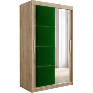 InspireMe - Kledingkast met 2 schuifdeuren, Modern-stijl, Kledingkast met planken, Kastfronten met spiegel en gestoffeerde panelen (BxHxD): 120x200x62 - TAPILA 120 - Sonoma Eik + Groente
