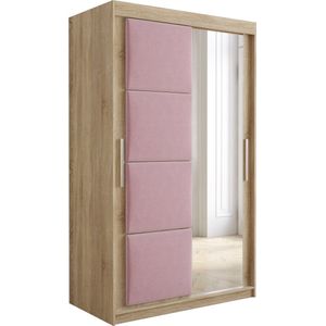 InspireMe - Kledingkast met 2 schuifdeuren, Modern-stijl, Kledingkast met planken, Kastfronten met spiegel en gestoffeerde panelen (BxHxD): 120x200x62 - TAPILA 120 - Sonoma Eik + Roze