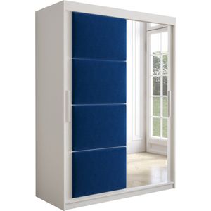 InspireMe - Kledingkast met 2 schuifdeuren, Modern-stijl, Kledingkast met planken, Kastfronten met spiegel en gestoffeerde panelen (BxHxD): 150x200x62 - TAPILA 150 - Wit Mat + Blauw