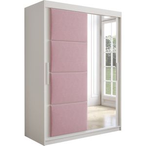 InspireMe - Kledingkast met 2 schuifdeuren, Modern-stijl, Kledingkast met planken, Kastfronten met spiegel en gestoffeerde panelen (BxHxD): 150x200x62 - TAPILA 150 - Wit Mat + Roze