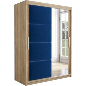 InspireMe - Kledingkast met 2 schuifdeuren, Modern-stijl, Kledingkast met planken, Kastfronten met spiegel en gestoffeerde panelen (BxHxD): 150x200x62 - TAPILA 150 - Sonoma Eik + Blauw