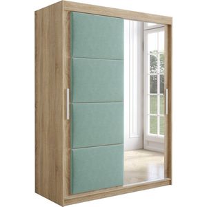 InspireMe - Kledingkast met 2 schuifdeuren, Modern-stijl, Kledingkast met planken, Kastfronten met spiegel en gestoffeerde panelen (BxHxD): 150x200x62 - TAPILA 150 - Sonoma Eik + Munt