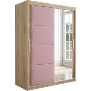 InspireMe - Kledingkast met 2 schuifdeuren, Modern-stijl, Kledingkast met planken, Kastfronten met spiegel en gestoffeerde panelen (BxHxD): 150x200x62 - TAPILA 150 - Sonoma Eik + Roze