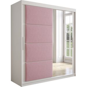 InspireMe - Kledingkast met 2 schuifdeuren, Modern-stijl, Kledingkast met planken, Kastfronten met spiegel en gestoffeerde panelen (BxHxD): 180x200x62 - TAPILA 180 - Wit Mat + Roze