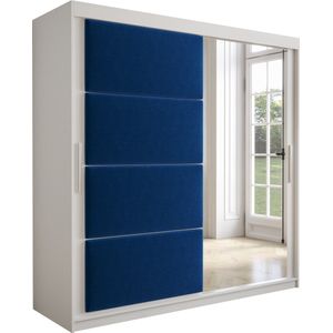 InspireMe - Kledingkast met 2 schuifdeuren, Modern-stijl, Kledingkast met planken, Kastfronten met spiegel en gestoffeerde panelen (BxHxD): 200x200x62 - TAPILA 200 - Wit Mat + Blauw