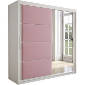 InspireMe - Kledingkast met 2 schuifdeuren, Modern-stijl, Kledingkast met planken, Kastfronten met spiegel en gestoffeerde panelen (BxHxD): 200x200x62 - TAPILA 200 - Wit Mat + Roze