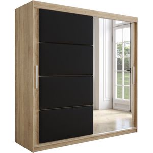 InspireMe - Kledingkast met 2 schuifdeuren, Modern-stijl, Kledingkast met planken, Kastfronten met spiegel en gestoffeerde panelen (BxHxD): 200x200x62 - TAPILA 200 - Sonoma Eik + Zwart