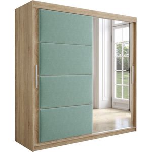 InspireMe - Kledingkast met 2 schuifdeuren, Modern-stijl, Kledingkast met planken, Kastfronten met spiegel en gestoffeerde panelen (BxHxD): 200x200x62 - TAPILA 200 - Sonoma Eik + Munt
