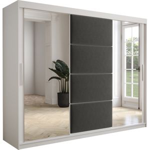 InspireMe - Kledingkast met 3 schuifdeuren, Modern-stijl, Kledingkast met planken, Kastfronten met spiegel en gestoffeerde panelen (BxHxD): 250x200x62 - TAPILA 250 - Wit Mat + Grafiet