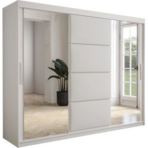 InspireMe - Kledingkast met 3 schuifdeuren, Modern-stijl, Kledingkast met planken, Kastfronten met spiegel en gestoffeerde panelen (BxHxD): 250x200x62 - TAPILA 250 - Wit Mat + Wit