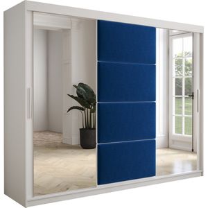 InspireMe - Kledingkast met 3 schuifdeuren, Modern-stijl, Kledingkast met planken, Kastfronten met spiegel en gestoffeerde panelen (BxHxD): 250x200x62 - TAPILA 250 - Wit Mat + Blauw