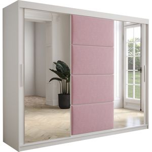 InspireMe - Kledingkast met 3 schuifdeuren, Modern-stijl, Kledingkast met planken, Kastfronten met spiegel en gestoffeerde panelen (BxHxD): 250x200x62 - TAPILA 250 - Wit Mat + Roze