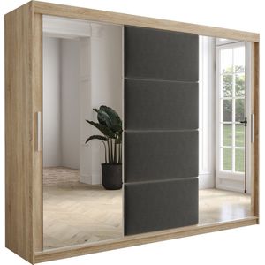 InspireMe - Kledingkast met 3 schuifdeuren, Modern-stijl, Kledingkast met planken, Kastfronten met spiegel en gestoffeerde panelen (BxHxD): 250x200x62 - TAPILA 250 - Sonoma Eik + Grafiet