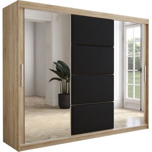 InspireMe - Kledingkast met 3 schuifdeuren, Modern-stijl, Kledingkast met planken, Kastfronten met spiegel en gestoffeerde panelen (BxHxD): 250x200x62 - TAPILA 250 - Sonoma Eik + Zwart