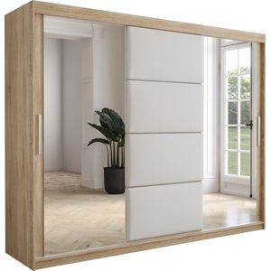 InspireMe - Kledingkast met 3 schuifdeuren, Modern-stijl, Kledingkast met planken, Kastfronten met spiegel en gestoffeerde panelen (BxHxD): 250x200x62 - TAPILA 250 - Sonoma Eik + Wit