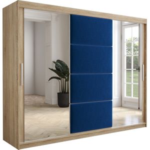 InspireMe - Kledingkast met 3 schuifdeuren, Modern-stijl, Kledingkast met planken, Kastfronten met spiegel en gestoffeerde panelen (BxHxD): 250x200x62 - TAPILA 250 - Sonoma Eik + Blauw