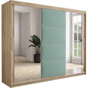 InspireMe - Kledingkast met 3 schuifdeuren, Modern-stijl, Kledingkast met planken, Kastfronten met spiegel en gestoffeerde panelen (BxHxD): 250x200x62 - TAPILA 250 - Sonoma Eik + Munt