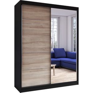 Zweefdeurkast Kledingkast met Spiegel Garderobekast met planken en kledingstang - 150x61x200 cm (BxDxH) - LARA 05 (Zwart + Sonoma)