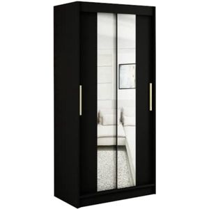 InspireMe - Kledingkast met 2 schuifdeuren, Modern-stijl, Een kledingkast met planken en een spiegel (BxHxD): 100x200x62 - KAIR T1 100 Zwart Mat + Gouden met 2 lades