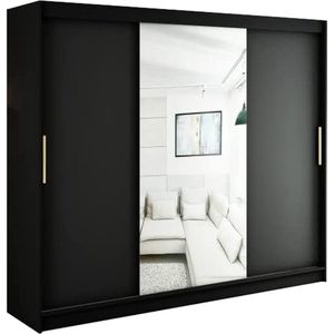 InspireMe - Kledingkast met 3 schuifdeuren, Modern-stijl, Een kledingkast met planken en een spiegel (BxHxD): 250x200x62 - KAIR T1 250 Zwart Mat + Gouden met 4 lades