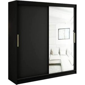 InspireMe - Kledingkast met 2 schuifdeuren, Modern-stijl, Een kledingkast met planken en een spiegel (BxHxD): 200x200x62 - KAIR T2 200 Zwart Mat + Gouden met 4 lades