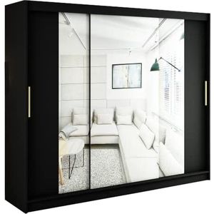 InspireMe - Kledingkast met 3 schuifdeuren, Modern-stijl, Een kledingkast met planken en een spiegel (BxHxD): 250x200x62 - KAIR T2 250 Zwart Mat + Gouden met 4 lades