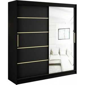 InspireMe - Kledingkast met 2 schuifdeuren, Modern-stijl, Een kledingkast met planken en een spiegel (BxHxD): 200x200x62 - KAIR V2 200 Zwart Mat + Gouden met 4 lades