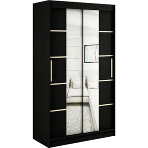 InspireMe - Kledingkast met 2 schuifdeuren, Modern-stijl, Een kledingkast met planken en een spiegel (BxHxD): 120x200x62 - KAIR V4 120 Zwart Mat + Gouden met 2 lades