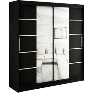 InspireMe - Kledingkast met 2 schuifdeuren, Modern-stijl, Een kledingkast met planken en een spiegel (BxHxD): 200x200x62 - KAIR V4 200 Zwart Mat + Gouden met 4 lades