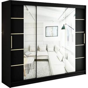 InspireMe - Kledingkast met 3 schuifdeuren, Modern-stijl, Een kledingkast met planken en een spiegel (BxHxD): 250x200x62 - KAIR V4 250 Zwart Mat + Gouden met 4 lades