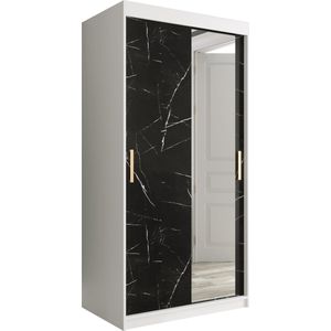 InspireMe - Kledingkast met 2 schuifdeuren, Modern-stijl, Een kledingkast met planken en een spiegel (BxHxD): 100x200x62 - MARMORO T2 100 Wit Mat + Zwart Marmer