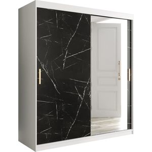 InspireMe - Kledingkast met 2 schuifdeuren, Modern-stijl, Een kledingkast met planken en een spiegel (BxHxD): 100x200x62 - MARMORO T2 100 Zwart Mat + Wit Marmer