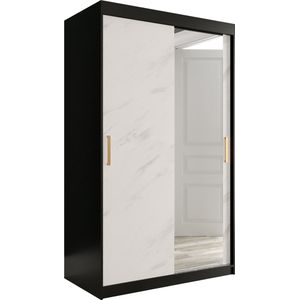 InspireMe - Kledingkast met 2 schuifdeuren, Modern-stijl, Een kledingkast met planken en een spiegel (BxHxD): 120x200x62 - MARMORO T2 120 Zwart Mat + Wit Marmer