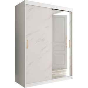 InspireMe - Kledingkast met 2 schuifdeuren, Modern-stijl, Een kledingkast met planken en een spiegel (BxHxD): 150x200x62 - MARMORO T2 150 Wit Marmer