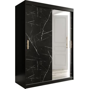 InspireMe - Kledingkast met 2 schuifdeuren, Modern-stijl, Een kledingkast met planken en een spiegel (BxHxD): 150x200x62 - MARMORO T2 150 Zwart Marmer
