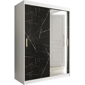 InspireMe - Kledingkast met 2 schuifdeuren, Modern-stijl, Een kledingkast met planken en een spiegel (BxHxD): 150x200x62 - MARMORO T2 150 Wit Mat + Zwart Marmer