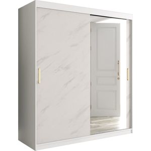 InspireMe - Kledingkast met 2 schuifdeuren, Modern-stijl, Een kledingkast met planken en een spiegel (BxHxD): 180x200x62 - MARMORO T2 180 Wit Marmer