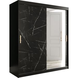 InspireMe - Kledingkast met 2 schuifdeuren, Modern-stijl, Een kledingkast met planken en een spiegel (BxHxD): 180x200x62 - MARMORO T2 180 Zwart Marmer