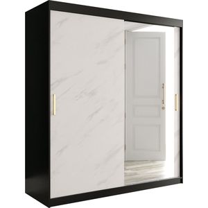 InspireMe - Kledingkast met 2 schuifdeuren, Modern-stijl, Een kledingkast met planken en een spiegel (BxHxD): 180x200x62 - MARMORO T2 180 Zwart Mat + Wit Marmer