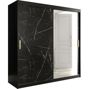 InspireMe - Kledingkast met 2 schuifdeuren, Modern-stijl, Een kledingkast met planken en een spiegel (BxHxD): 200x200x62 - MARMORO T2 200 Zwart Marmer