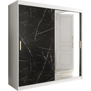 InspireMe - Kledingkast met 2 schuifdeuren, Modern-stijl, Een kledingkast met planken en een spiegel (BxHxD): 200x200x62 - MARMORO T2 200 Wit Mat + Zwart Marmer