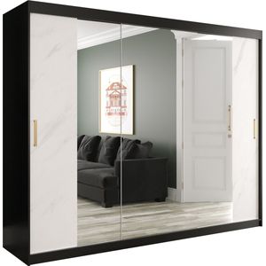 InspireMe - Kledingkast met 3 schuifdeuren, Modern-stijl, Een kledingkast met planken en een spiegel (BxHxD): 250x200x62 - MARMORO T2 250 Zwart Mat + Wit Marmer