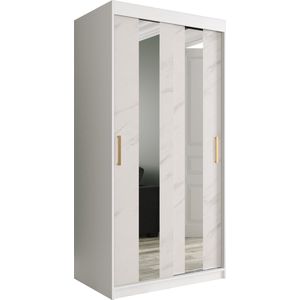 InspireMe - Kledingkast met 2 schuifdeuren, Modern-stijl, Een kledingkast met planken en een spiegel (BxHxD): 100x200x62 - MARMORO POLE 100 Wit Marmer