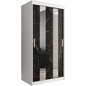 InspireMe - Kledingkast met 2 schuifdeuren, Modern-stijl, Een kledingkast met planken en een spiegel (BxHxD): 100x200x62 - MARMORO POLE 100 Wit Mat + Zwart Marmer