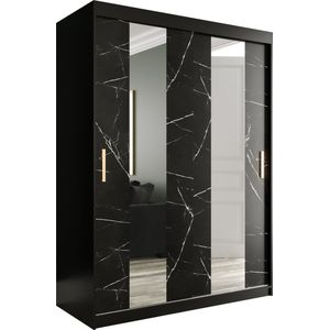 InspireMe - Kledingkast met 2 schuifdeuren, Modern-stijl, Een kledingkast met planken en een spiegel (BxHxD): 150x200x62 - MARMORO POLE 150 Zwart Marmer