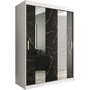 InspireMe - Kledingkast met 2 schuifdeuren, Modern-stijl, Een kledingkast met planken en een spiegel (BxHxD): 150x200x62 - MARMORO POLE 150 Wit Mat + Zwart Marmer