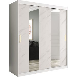 InspireMe - Kledingkast met 2 schuifdeuren, Modern-stijl, Een kledingkast met planken en een spiegel (BxHxD): 180x200x62 - MARMORO POLE 180 Wit Marmer